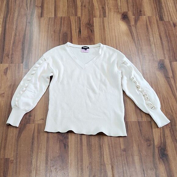 Express Vneck Ivory Ruffle Sweater - Picture 2 of 5